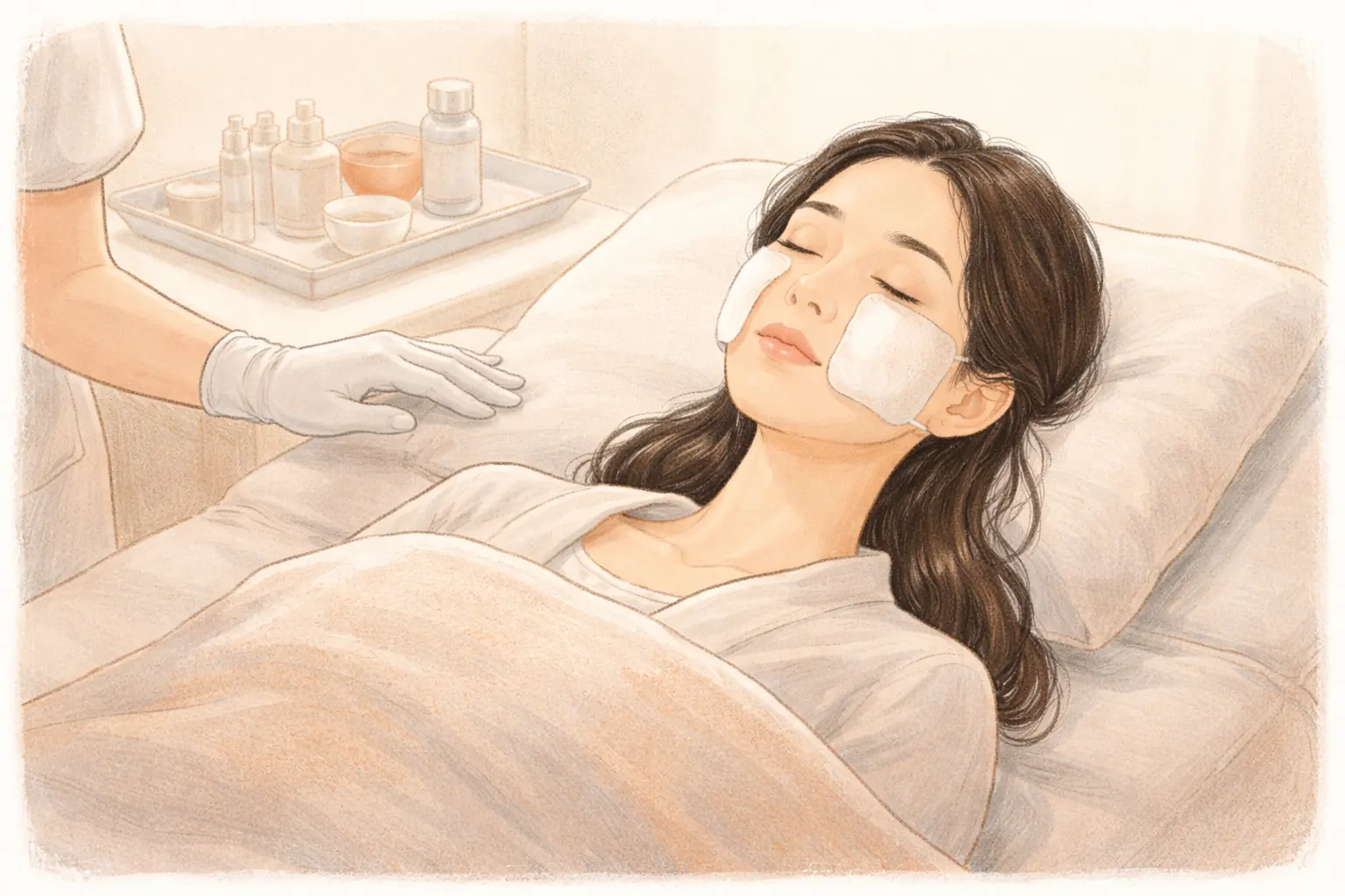 거즈를 볼에 얹고 누워있는 여성과 손을 뻗는 다른 사람의 팔, 화장품 용기 여러 개가 있는 쟁반