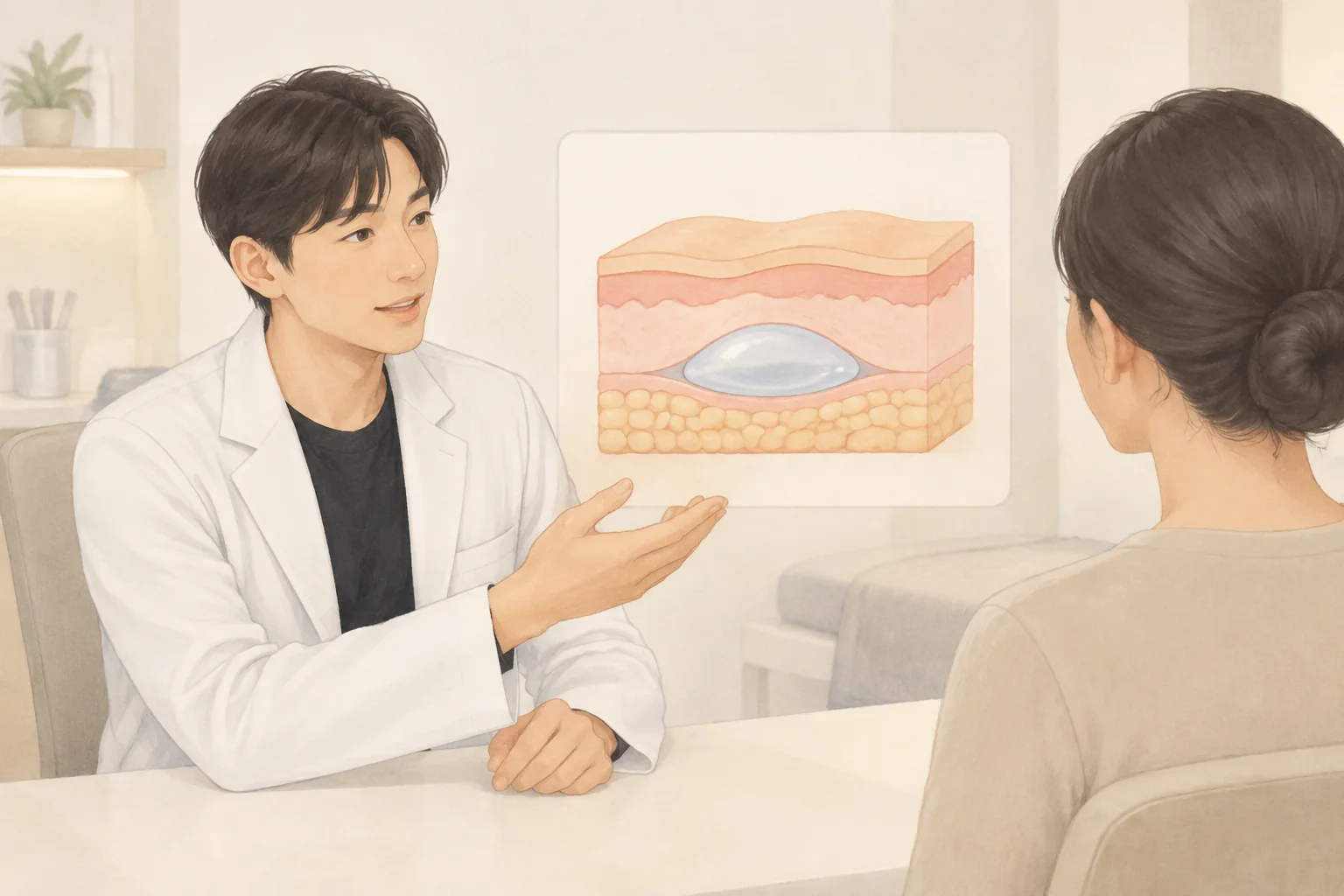 의사로 보이는 남성이 피부 단면 그림을 보여주며 여성에게 설명하는 모습