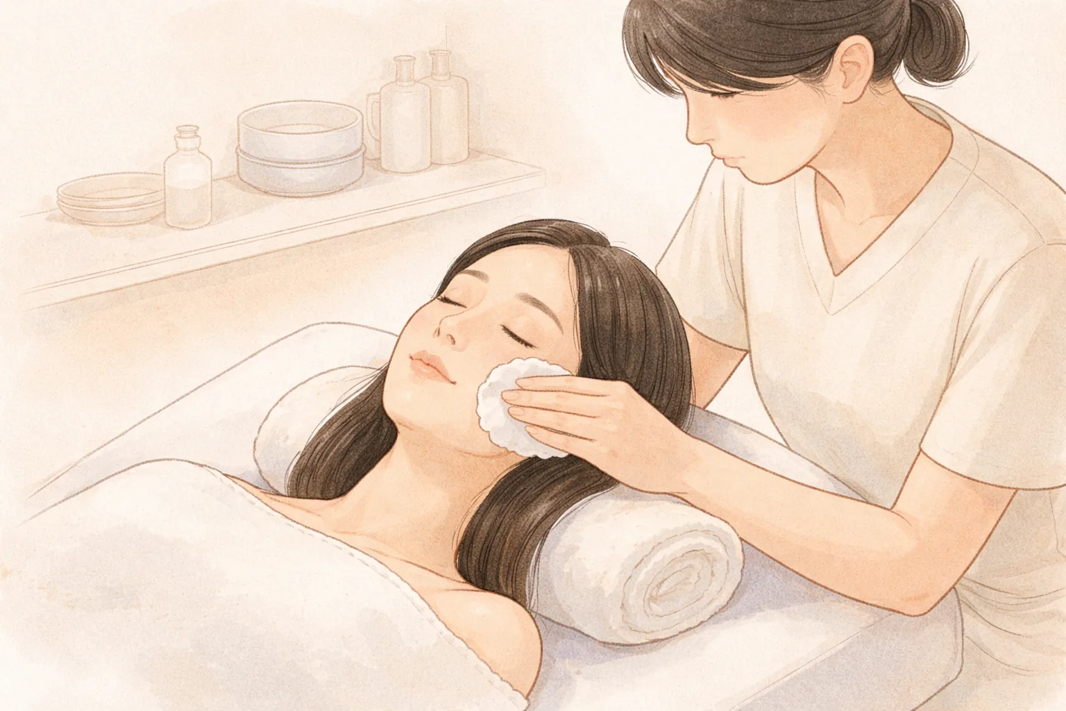 눈을 감고 누운 여성의 볼에 의료진이 차가운 패드를 올리는 모습
