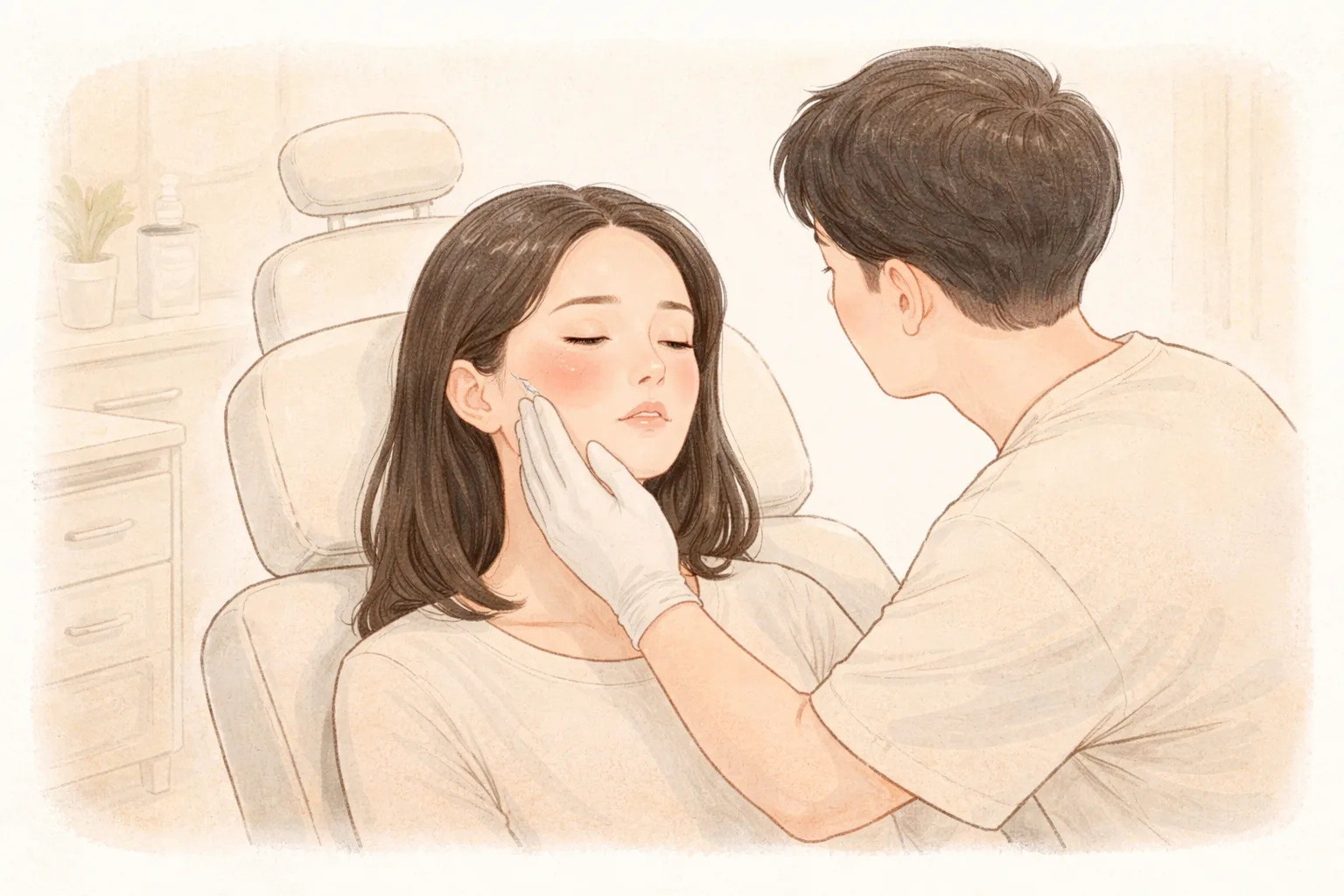 치과 의자에 앉아 있는 여성 환자의 볼을 살피는 의료진