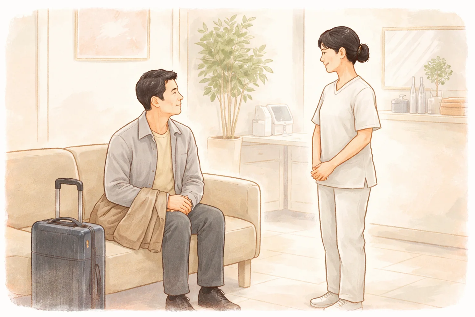 男性坐在行李箱旁，女性医护人员站在他面前