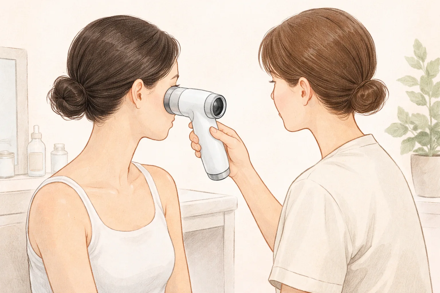 Personal médico examinando el rostro de una paciente con una cámara de análisis de piel