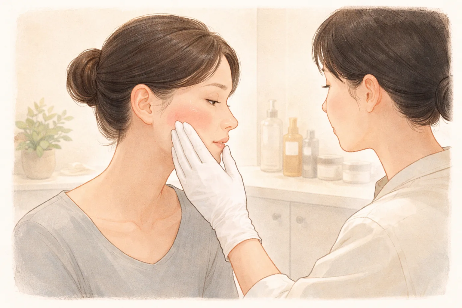 의료진이 검은 머리 여성의 볼을 흰 장갑 낀 손으로 살피고 있다