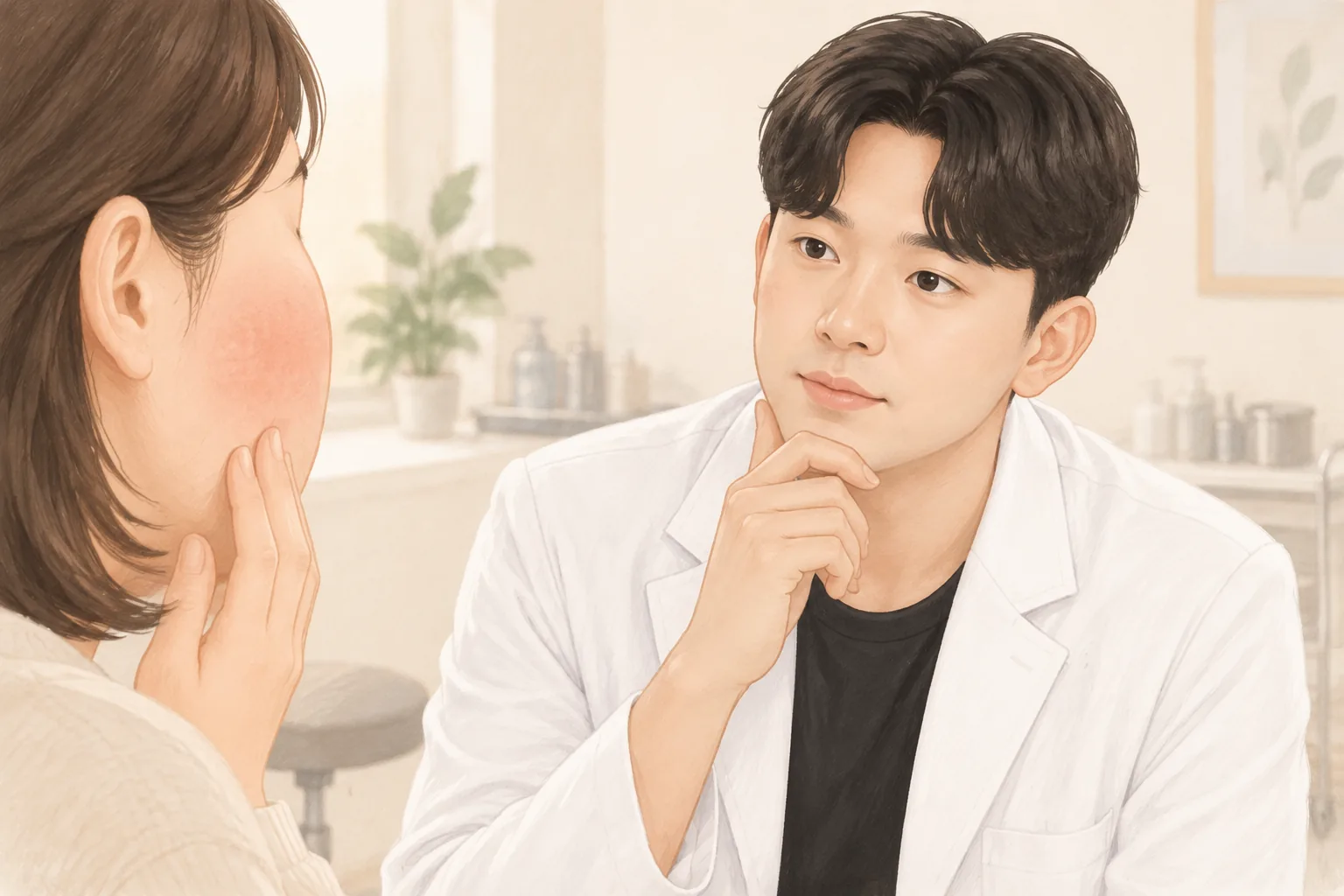 여성이 붉어진 볼을 만지며 남성 의사가 자세히 살펴보고 있음