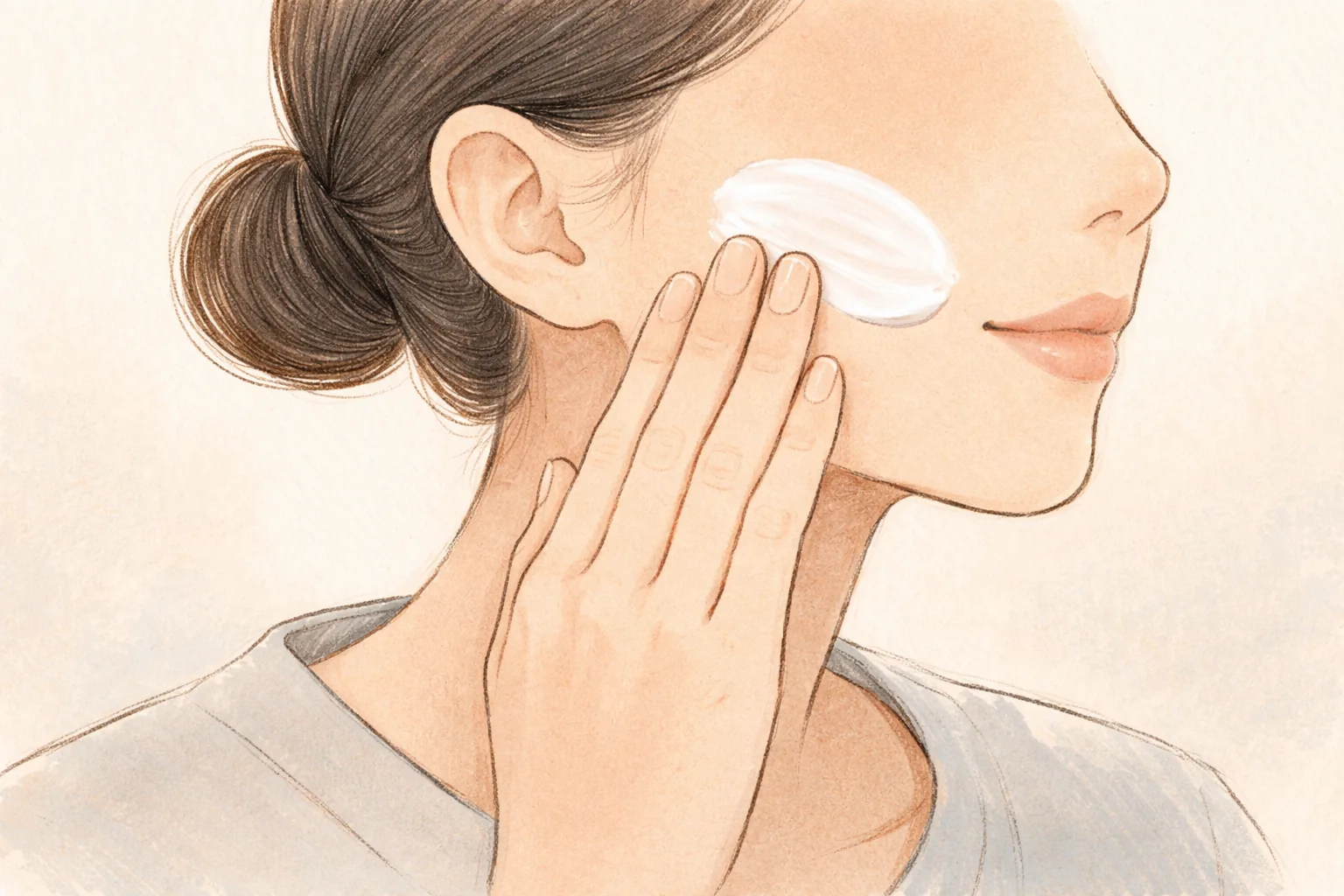 Perfil del rostro de una mujer y una mano aplicando crema en la mejilla