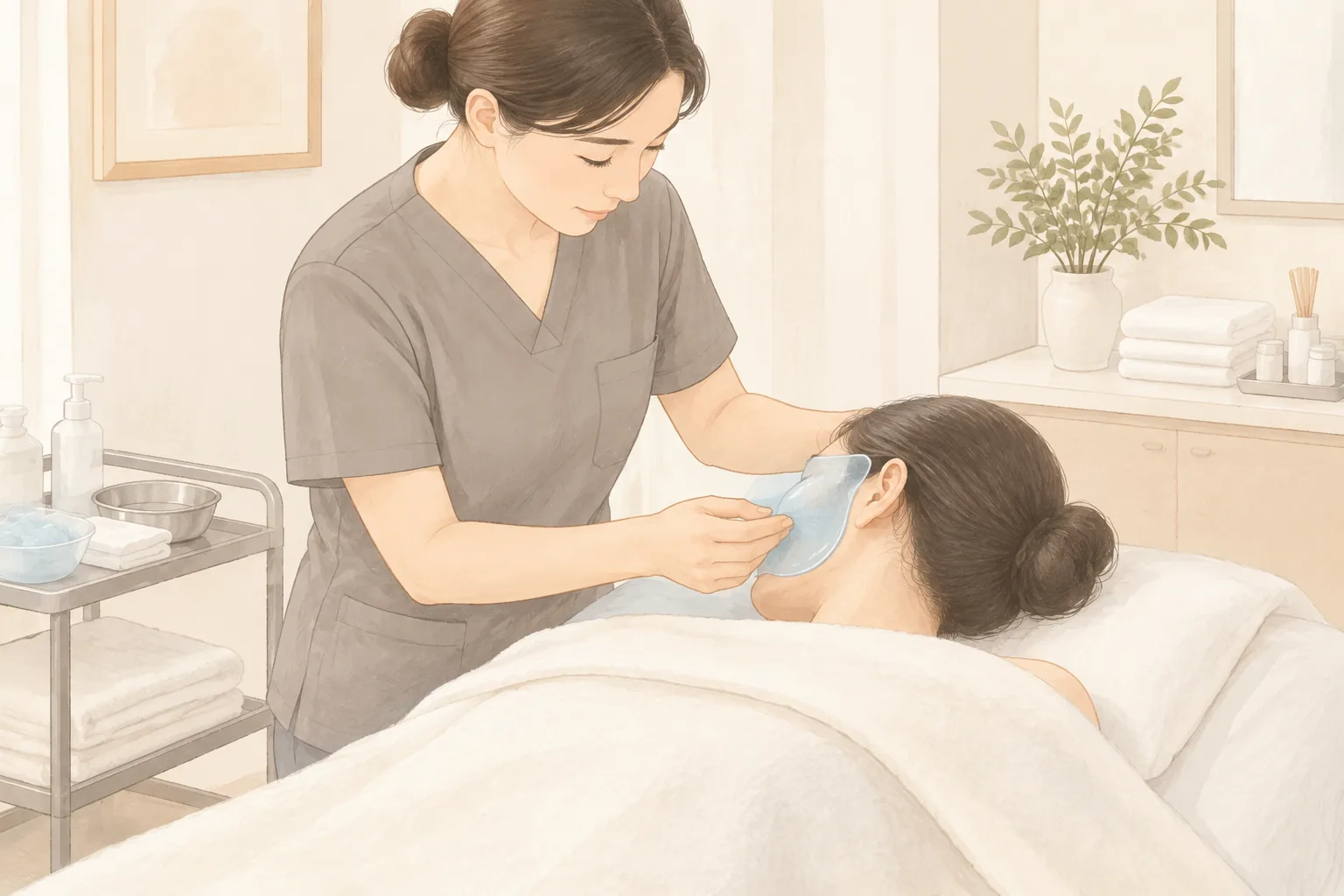 Aplicación de mascarilla de gel frío en las mejillas de una paciente