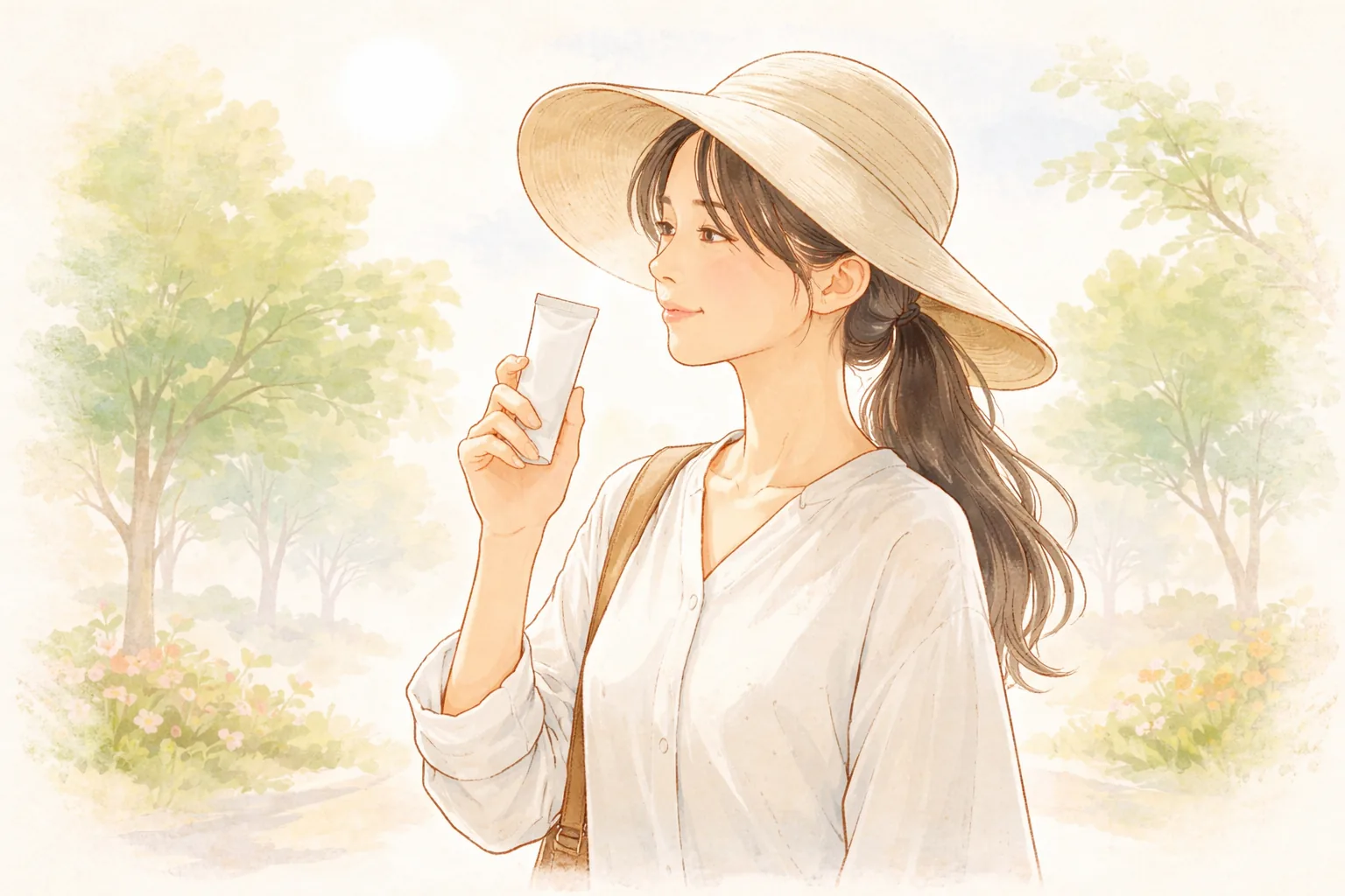 챙 넓은 모자를 쓰고 야외에서 선크림을 들고 있는 여성
