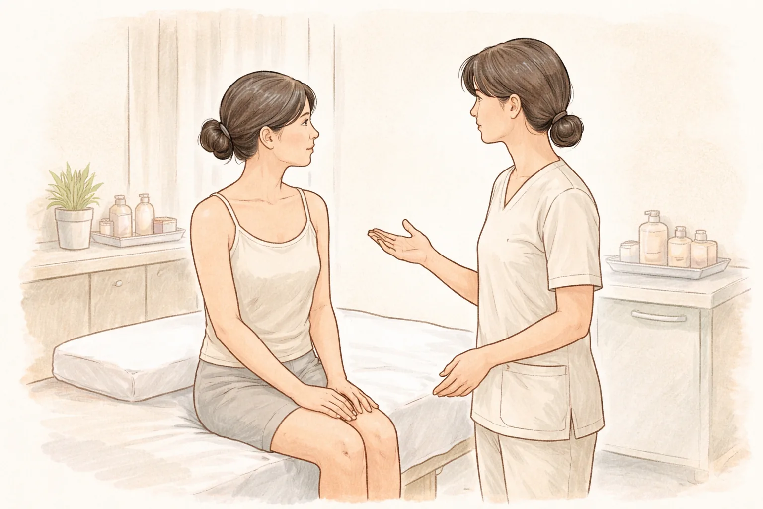 Woman in patient gown sitting on a bed as a clinician talks with her