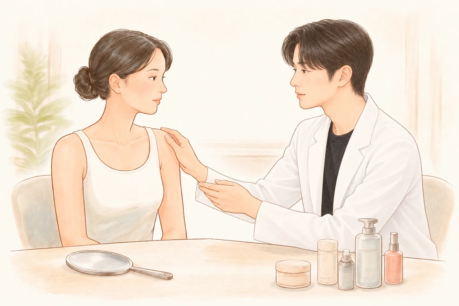 한 사람이 다른 사람의 손목을 부드럽게 잡고 있는 모습