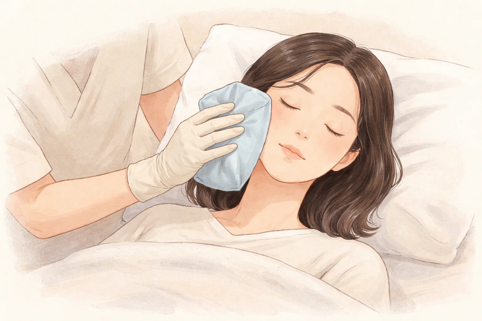 手袋の手が横たわる女性の頬に冷却パックを当てている