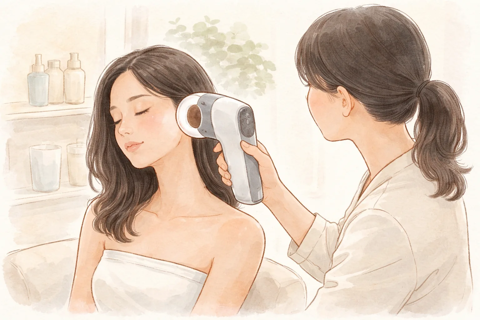 Doctor holding a skin analysis camera close to a woman's cheek