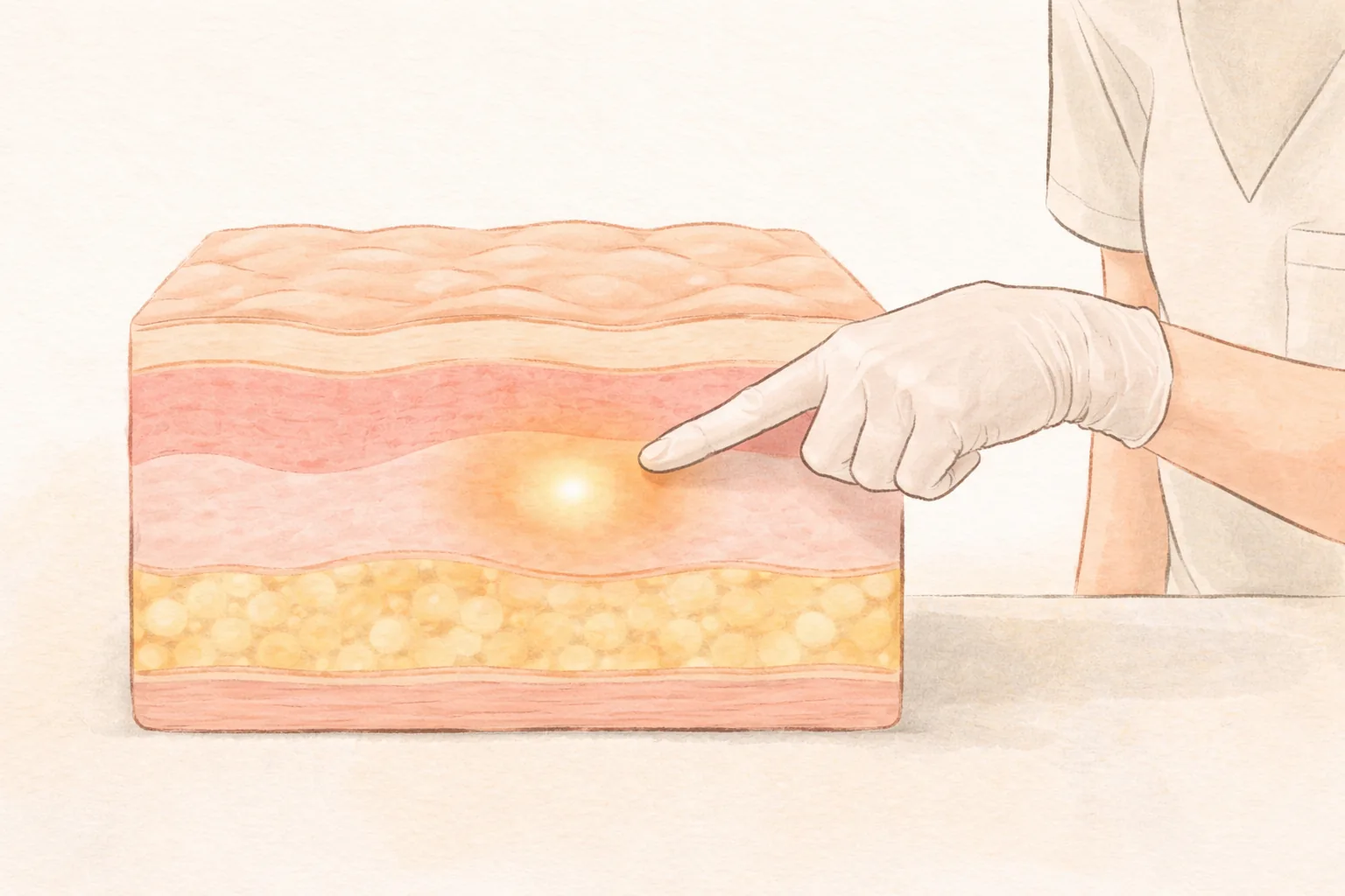 手袋をした指が皮膚断面の真皮層を指している