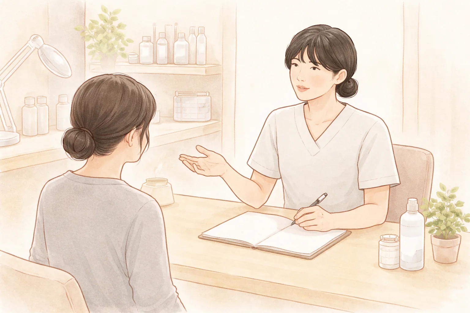 의료진이 책상 너머로 여성 환자와 대화하며 상담하는 모습