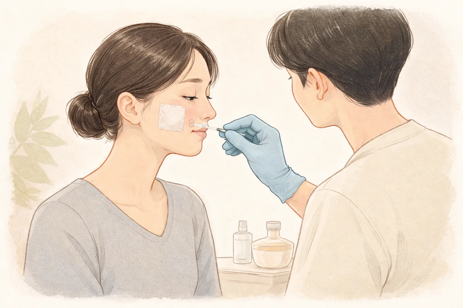 의료진이 장갑 낀 손으로 여성 볼에 면봉을 사용해 연고를 바르고 있음