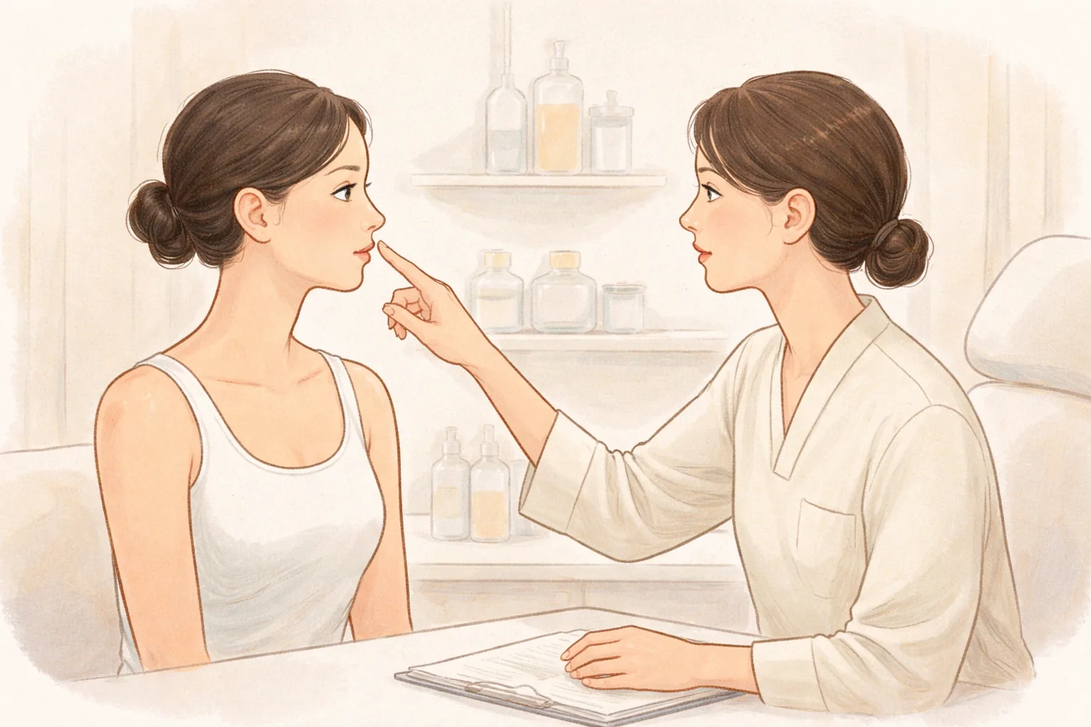 Tenaga medis menunjuk pipi wanita yang duduk dan memeriksanya