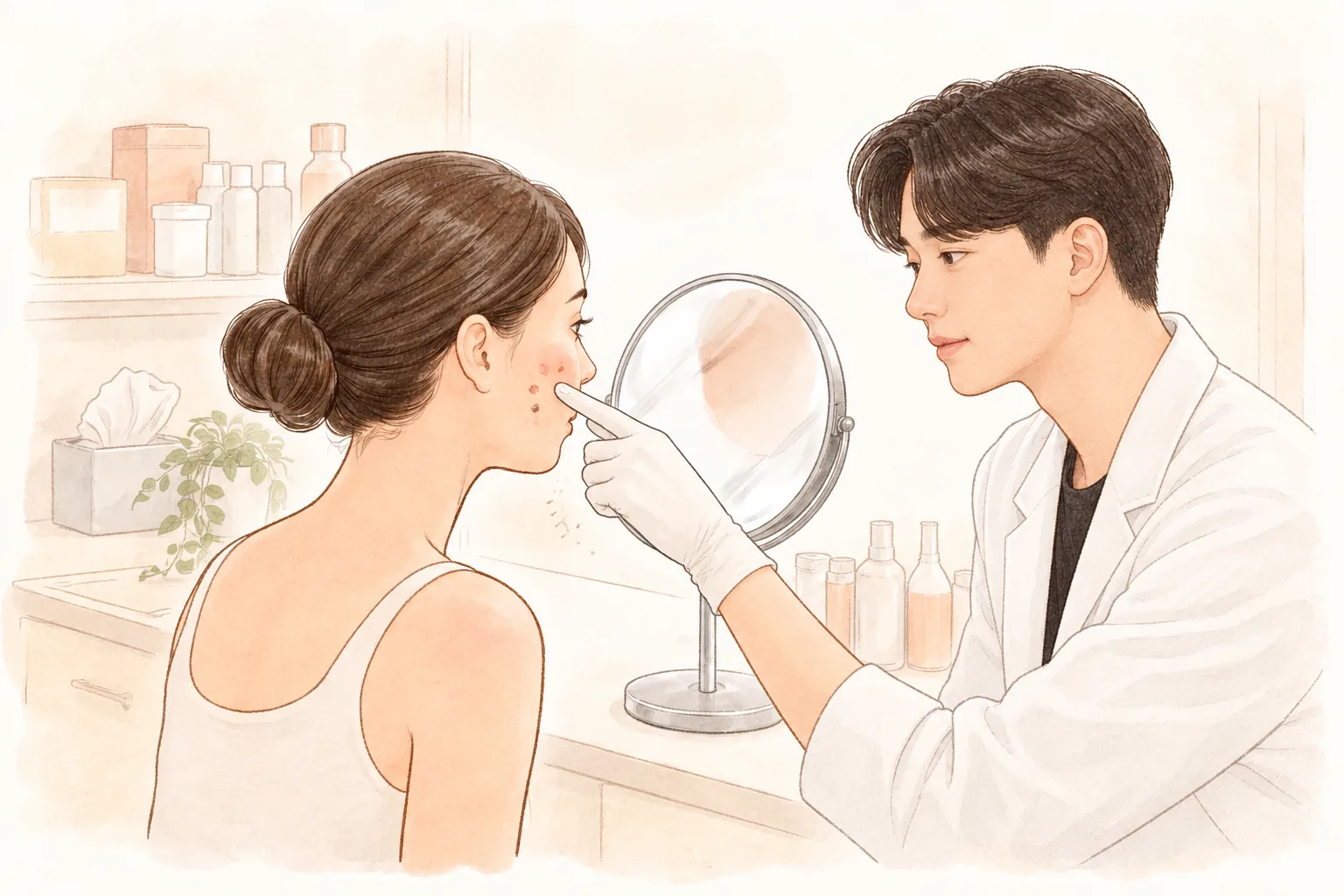 거울 앞에 앉아 있는 여성과 장갑 낀 남성이 여성의 볼을 가리킴