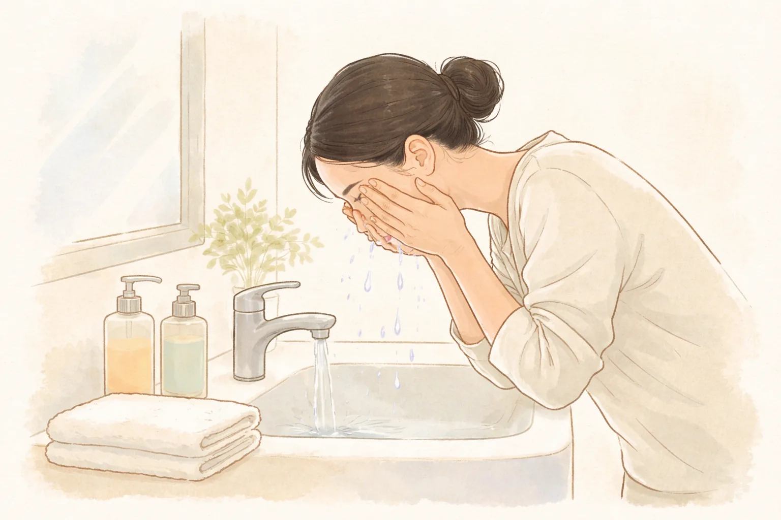 在水槽前以流動清水洗臉的長髮女性