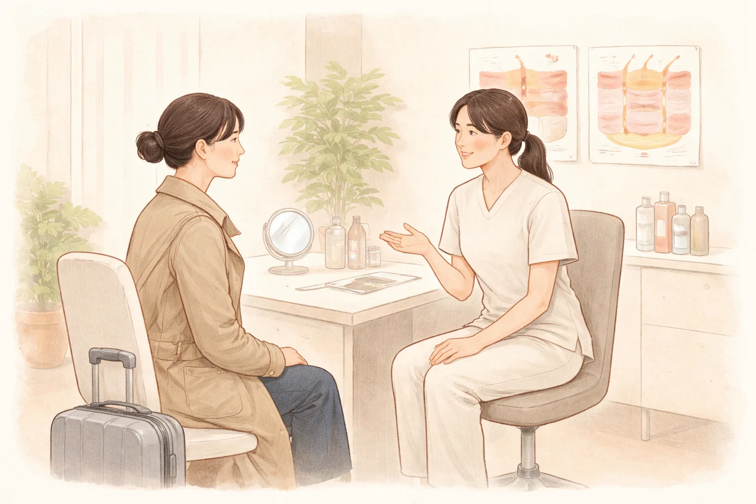 Visitor with a small travel bag talking with a clinician in a consultation room