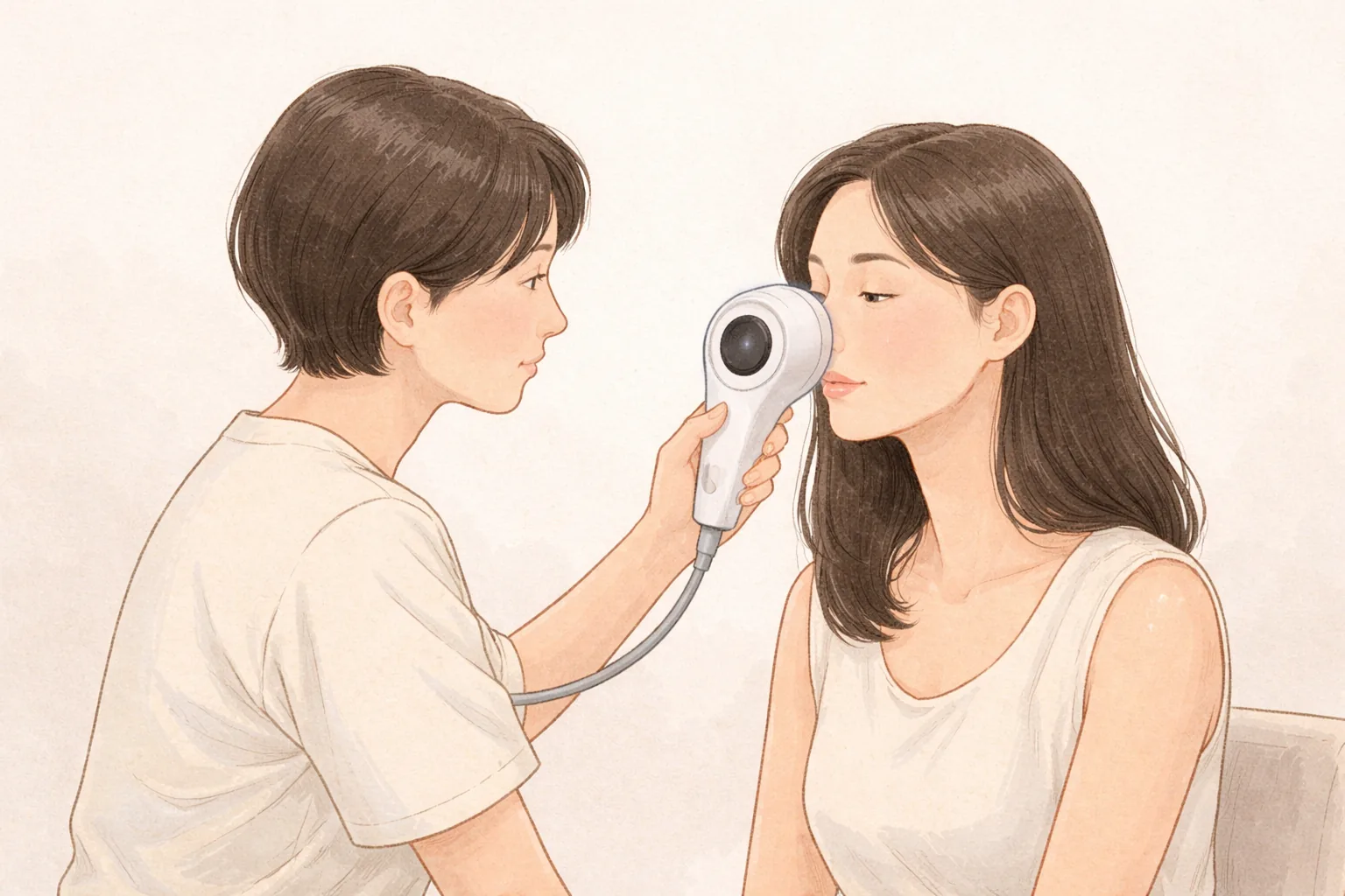 医療スタッフが肌分析器で女性の頬を撮影する様子