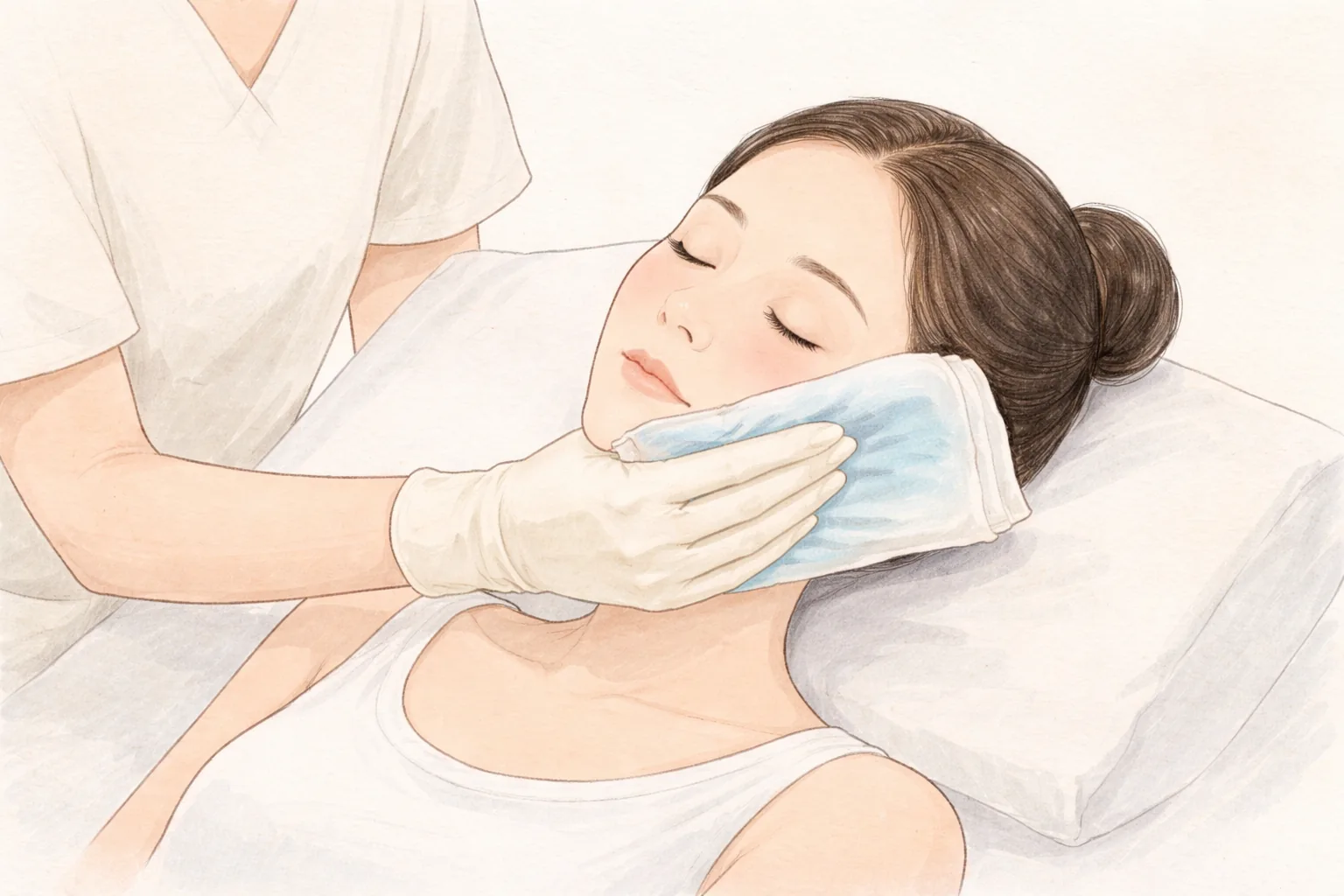 Manos con guantes colocando una compresa fría en el rostro de una mujer recostada con los ojos cerrados