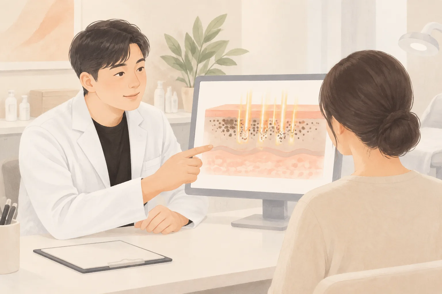 남성 의료진이 여성 환자에게 피부 단면이 보이는 화면을 보여주며 설명함