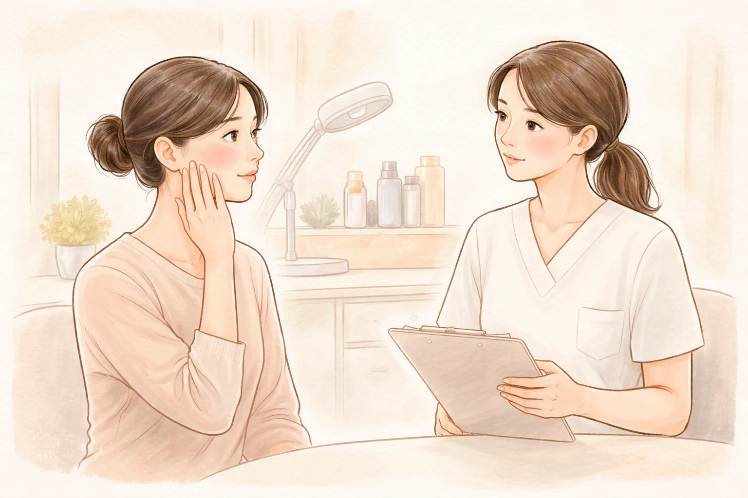 Woman touching her cheek with one hand while talking with a clinician