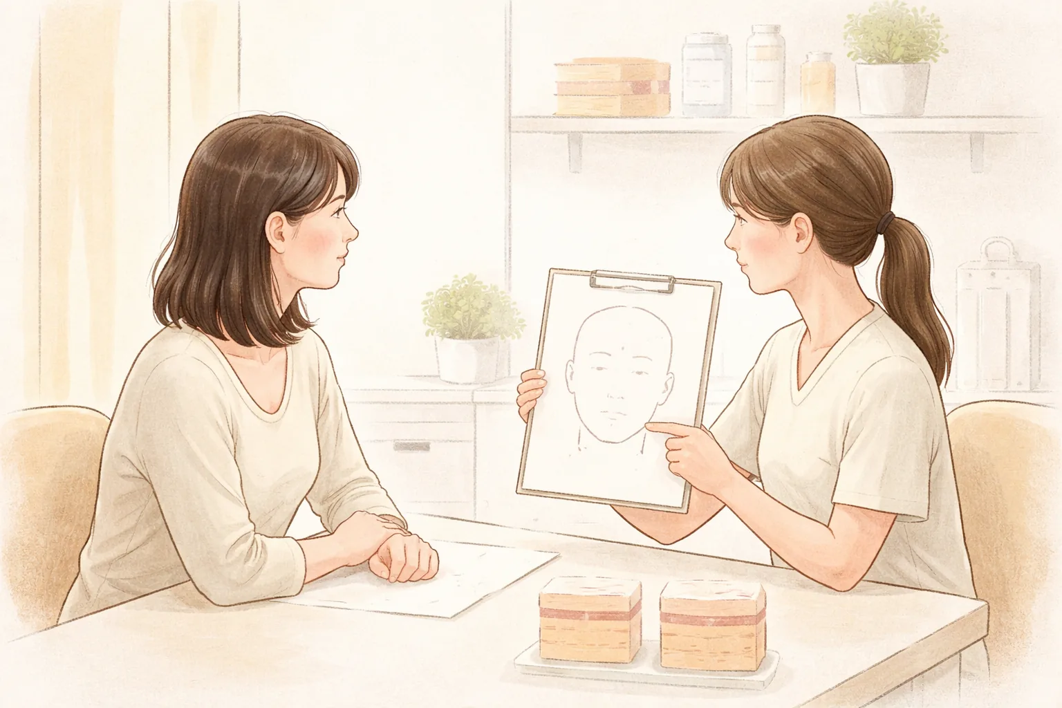 Profesional médico conversando con una paciente y señalando un diagrama facial en la consulta