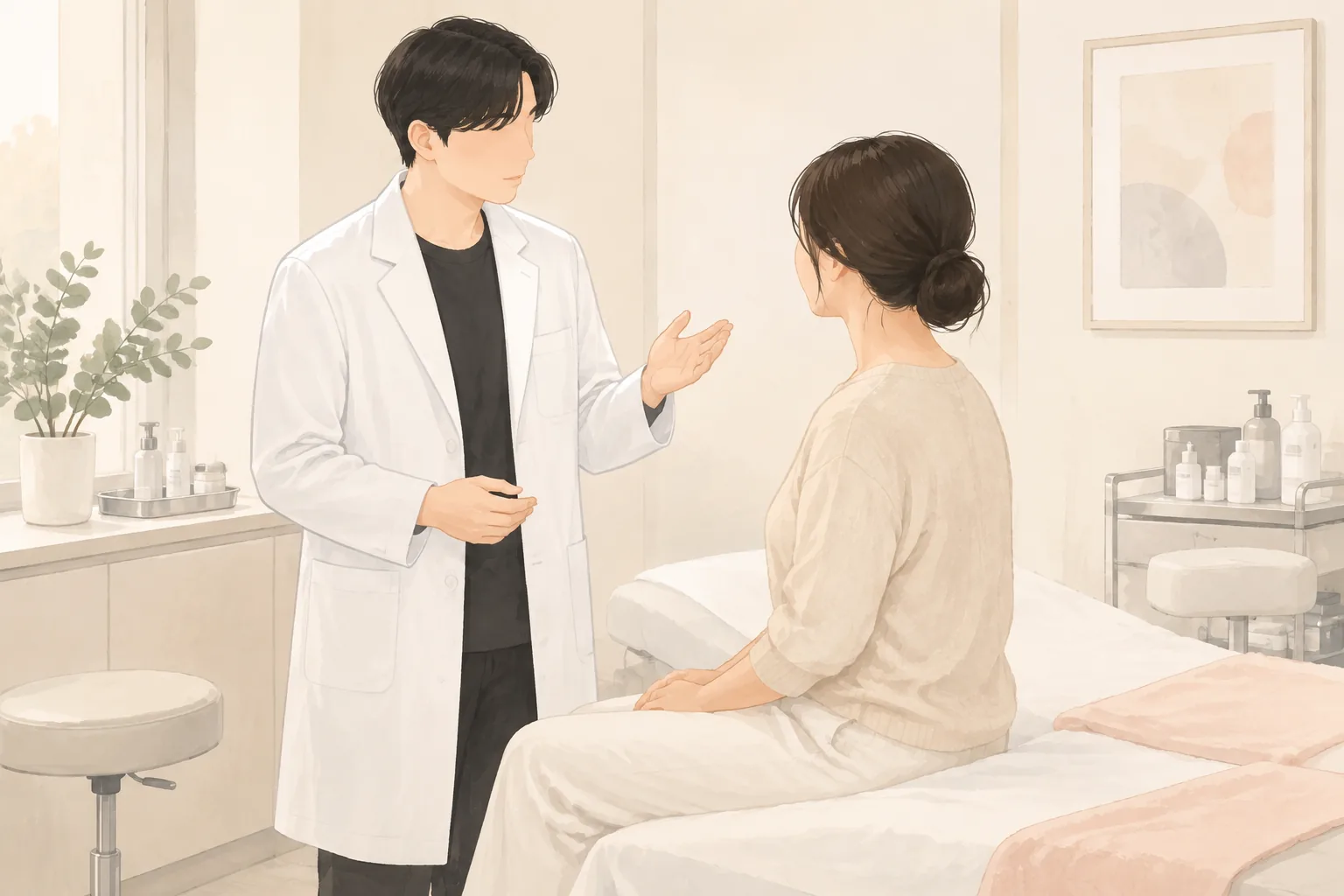 女性患者坐在治療椅上雙手放在膝上，與男性工作人員交談