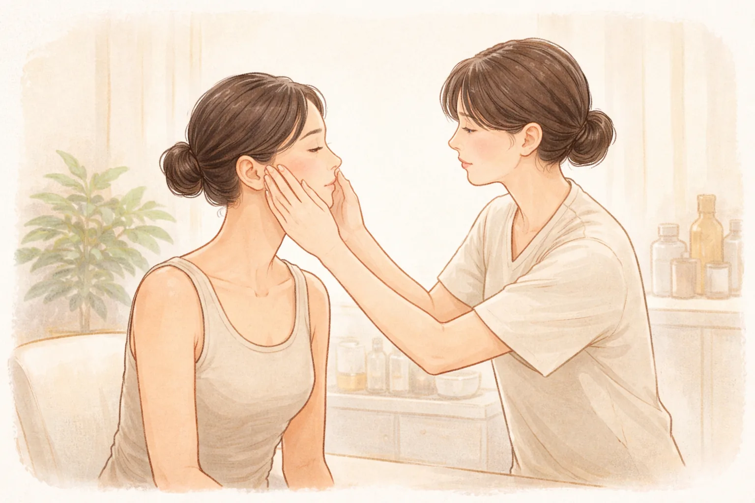 醫療人員輕輕查看坐著的女性臉頰