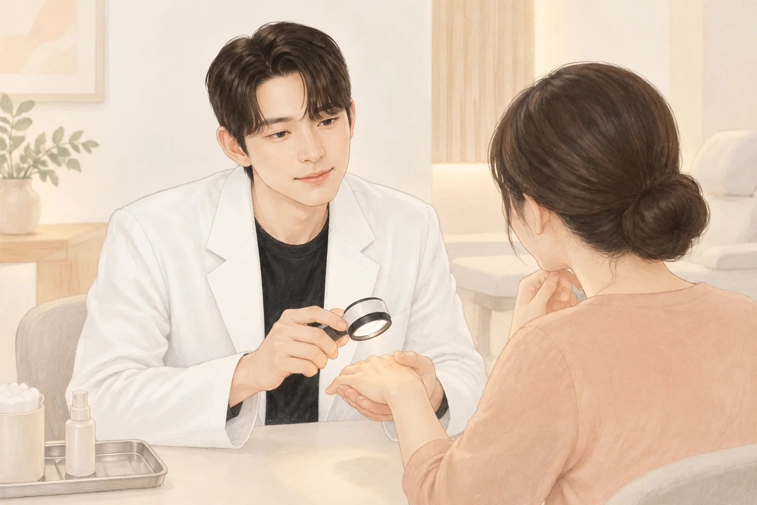 A male doctor examines the back of a woman's hand with a magnifier