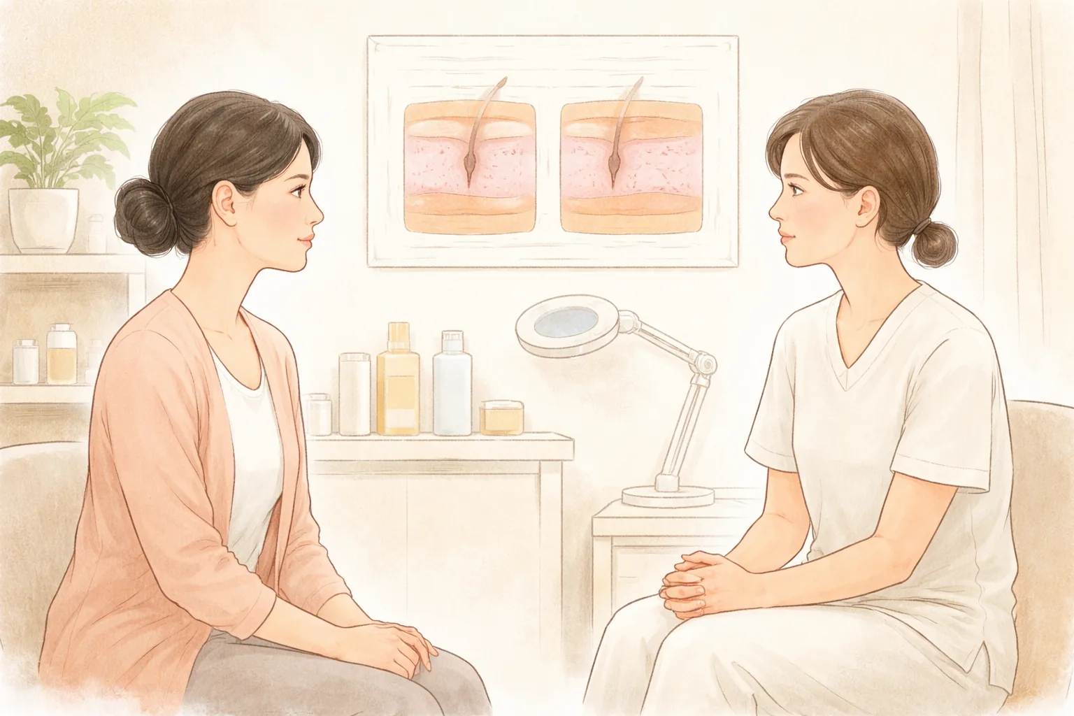 Dos mujeres sentadas frente a frente conversando en una sala