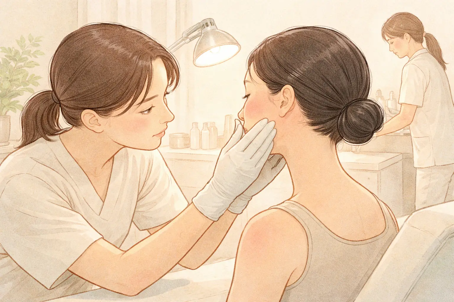 医療スタッフが手袋をした手で女性の頬をやさしく診ている様子