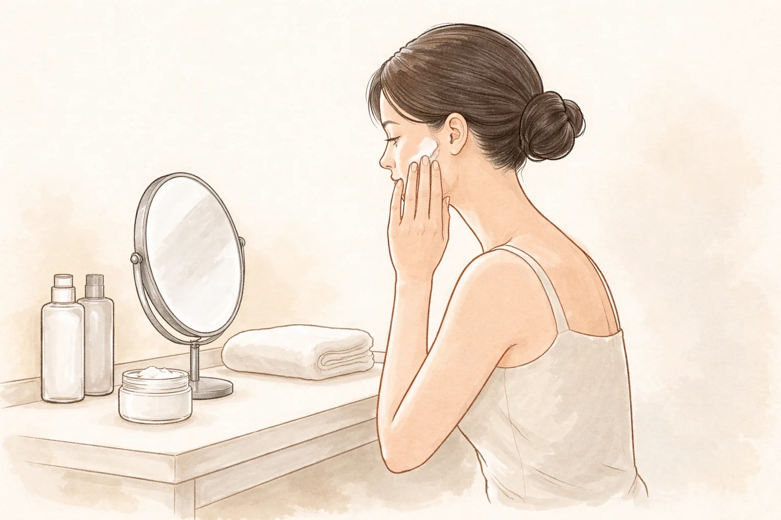 Mujer aplicándose crema frente a un tocador y una mesa con cosméticos