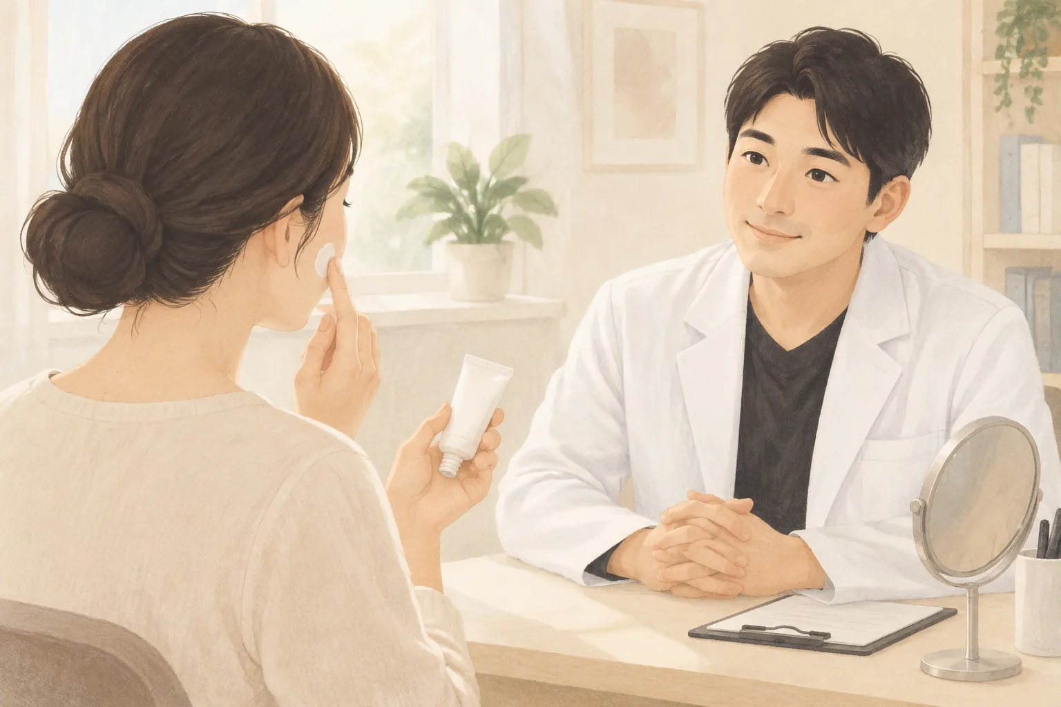 여성이 손끝에 크림을 짜서 볼에 바르고 남성 의사가 바라보는 모습