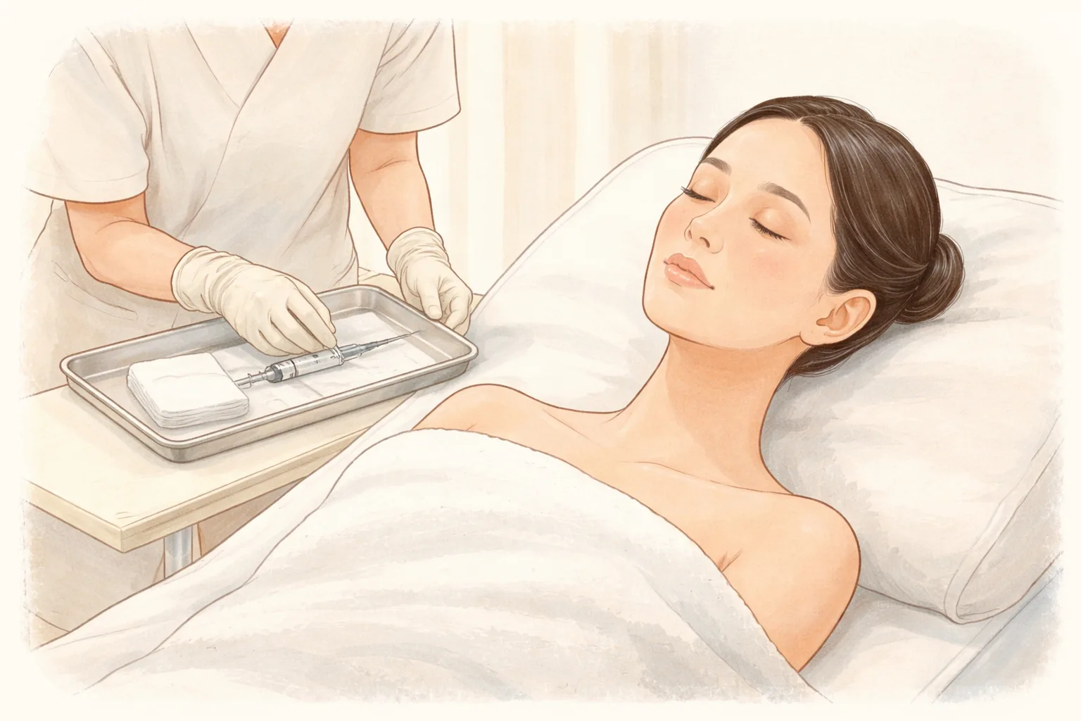 Woman lying on a bed as gloved hands place capped syringes on a tray