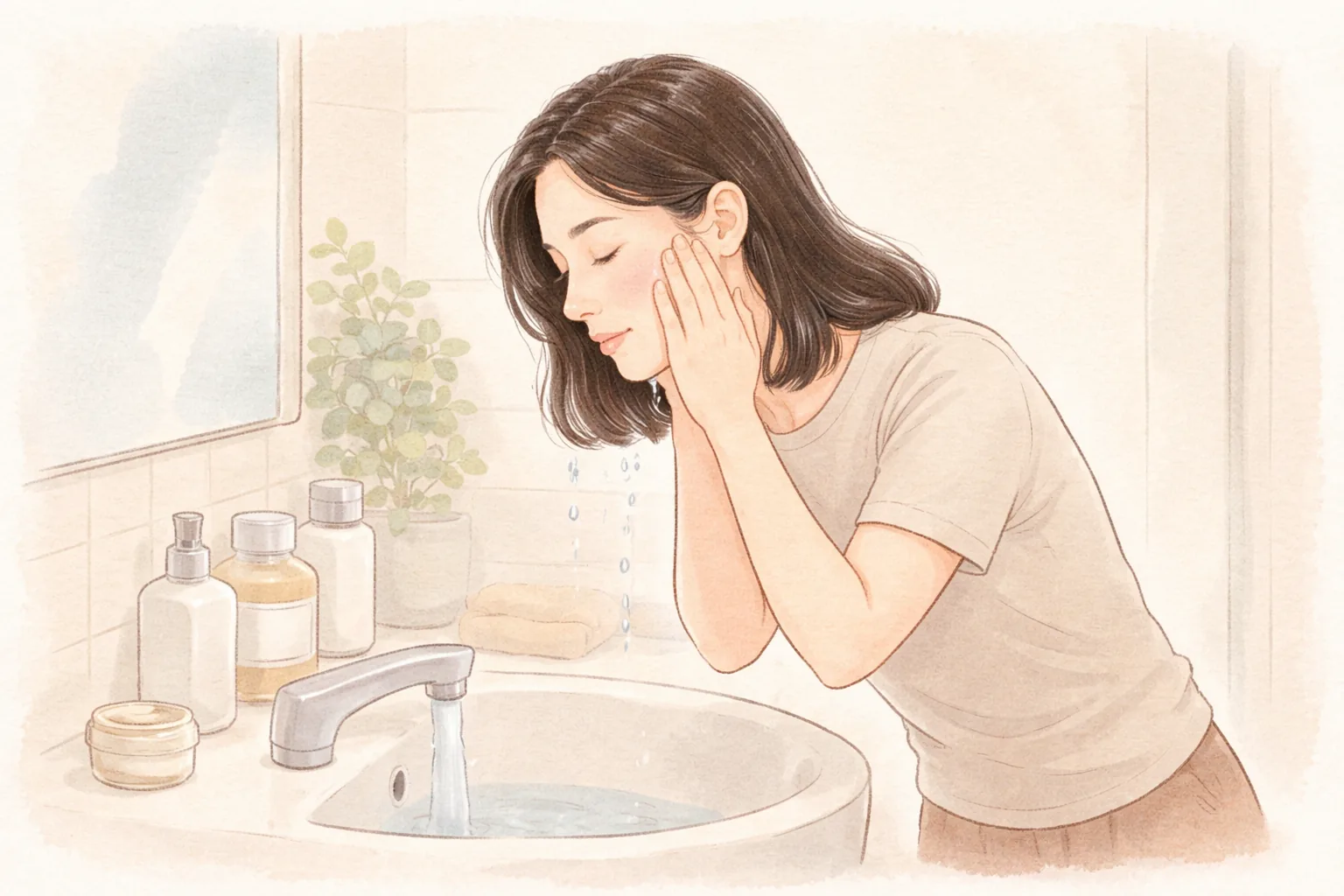 女性在洗手台以流動清水輕柔洗臉