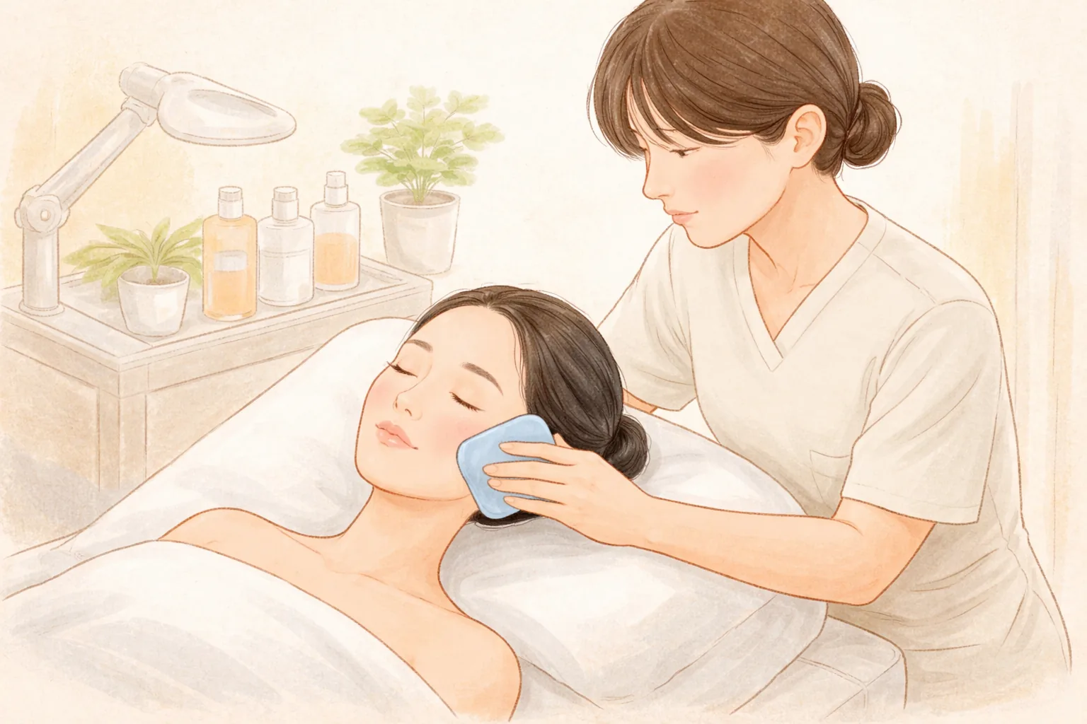 醫療人員將凝膠眼罩覆在閉眼躺臥女性的臉頰上