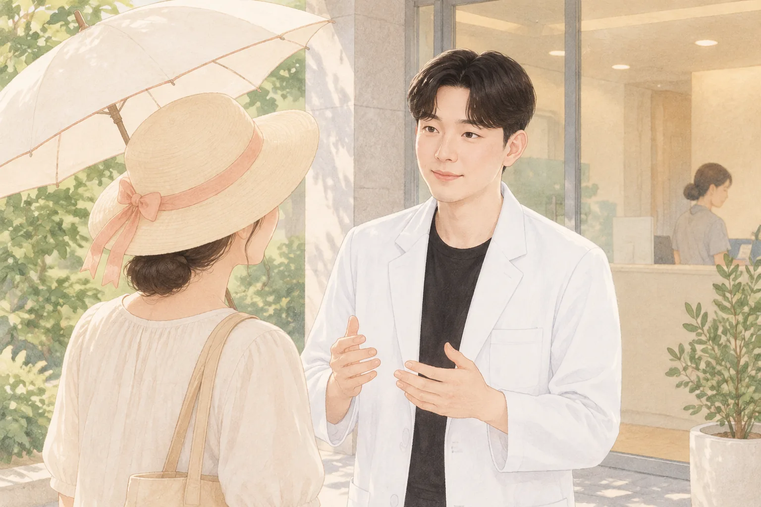 Female patient with a summer hat and parasol talking with a male doctor in a white coat