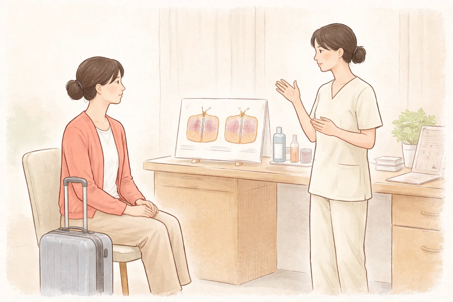 Dos mujeres consultando con un profesional junto a una maleta pequeña de viaje