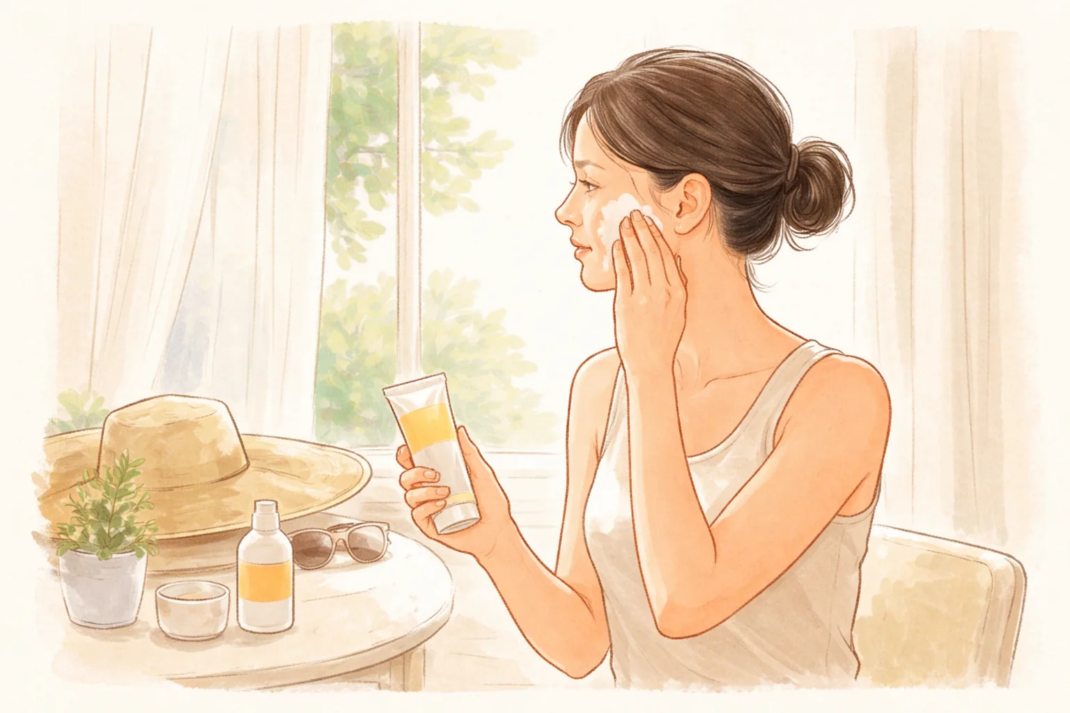 女性在客廳將乳霜塗在臉頰