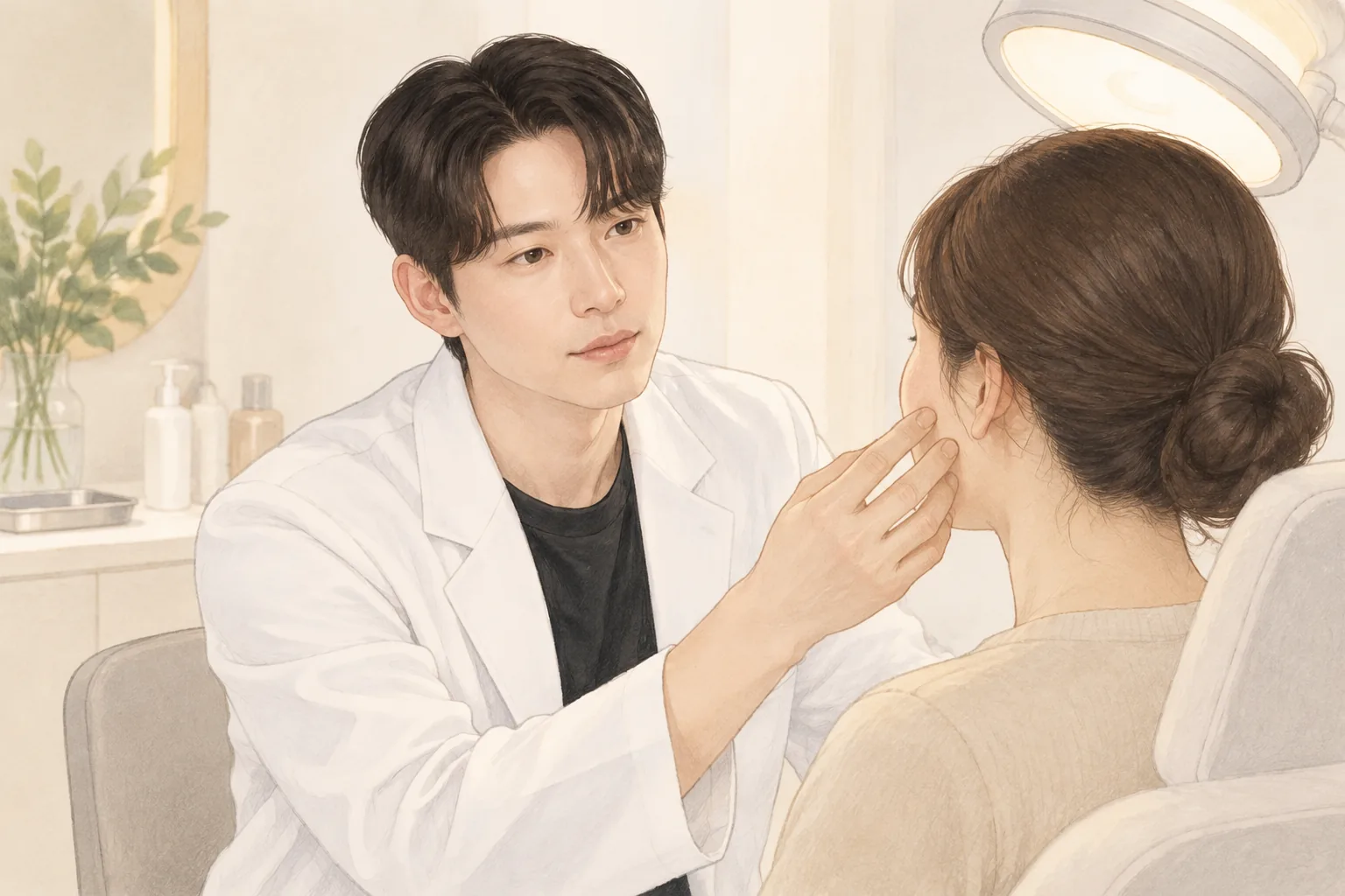 진료실에서 남성 의사가 여성 환자의 볼을 살펴보고 있음