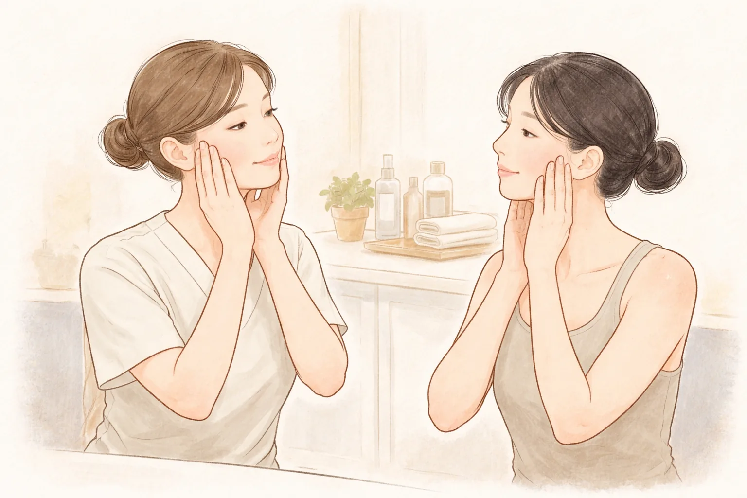Dos mujeres mirándose mientras se masajean el rostro