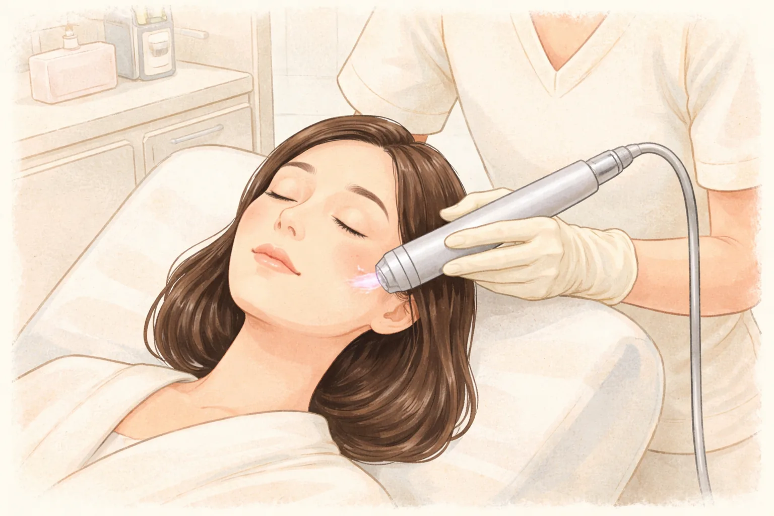 Woman lying on a treatment bed with eyes closed as a gloved hand applies a laser device to her face